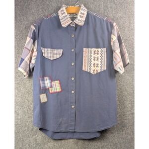 Vintage 90s Ride Western Patchwork Plaid Button Front Shirt Blue Country Cottage